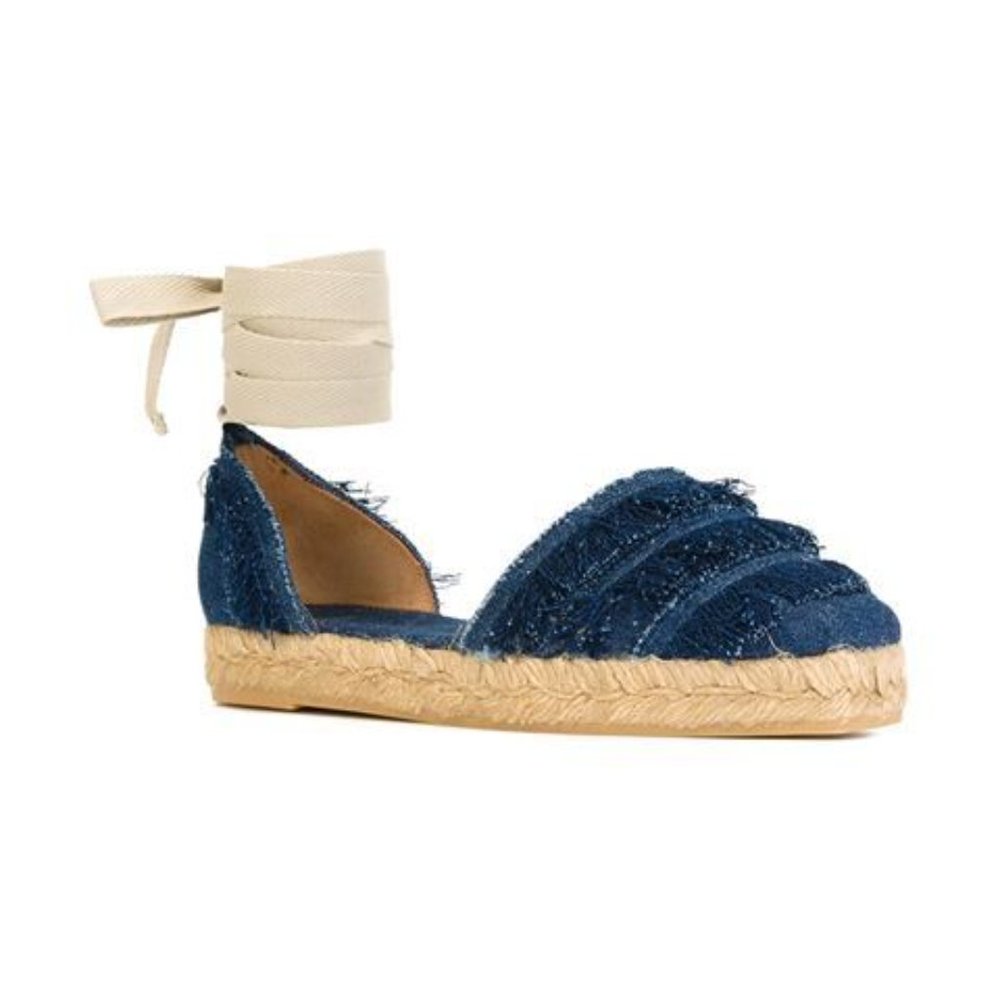 Castaner Blue Denim Espadrille Flats with Cream Ankle Wrap